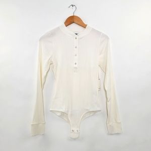 NSF Clothing Jolisa Henley Bodysuit White Ribbed Long Sleeve Large